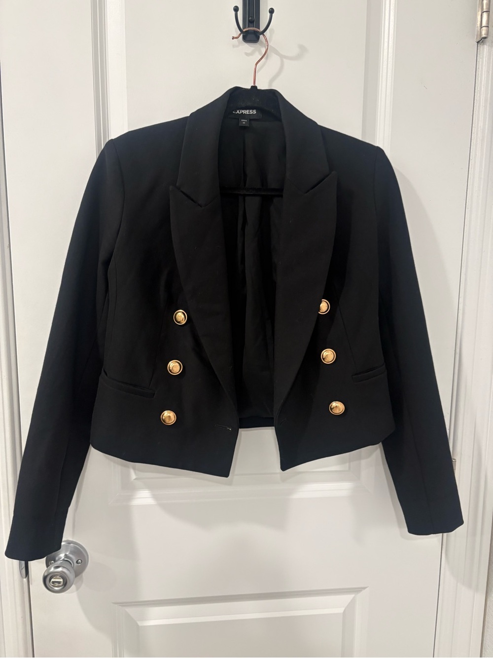 Express Black Double-Breasted Cropped Blazer with Gold Buttons